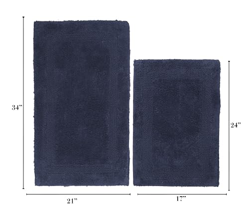 WOVEN ST. Reversible Tufted Bath Rugs | Area Rugs for Spa, Vanity Shower, Bathrooms, Kitchen, Bedroom | Water Absorbent Linens | 100% Cotton | Pack of 2 | 17’’ x 24’’ & 21’’ x 34’’ Inches | Navy Blue - color: Navy, size: 17" x 24" (Rectangular) + 21" x 34