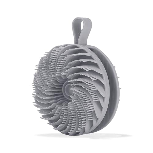 Douji Double-Sided Silicone Body Scrubber Shower Bath Brush, Handheld Cleansing Skin Brush for Sensitive Kids Women Men All Kinds of Skin（Grey） - size: Grey