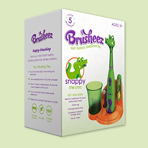 Brusheez Kids’ Electric Toothbrush Set - Safe & Effective for Ages 3+ - Parent Tested & Approved with Gentle Bristles, 2 Brush Heads, Rinse Cup, 2-Minute Timer, & Storage Base (Snappy the Croc) - color: Snappy the Croc