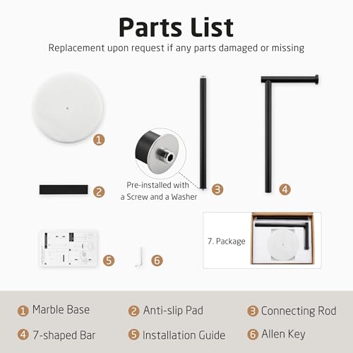 KES Extra High Black Toilet Paper Holder Freestanding 26", Toilet Paper Holder Stand with Natural Marble Base, Floor Free StandingToilet Paper Holder 18/8 Stainless Steel Matte Black, BPH284S66-BK - color: White Marble & Black Bar, size: 26"H
