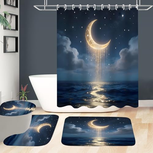 LQCOOL 4Pcs Moon Shower Curtain Set Blue and Gold Sea Bathroom Sets for Bathroom with Rugs Shower Curtain with 12 Hooks - color: Blue Moon