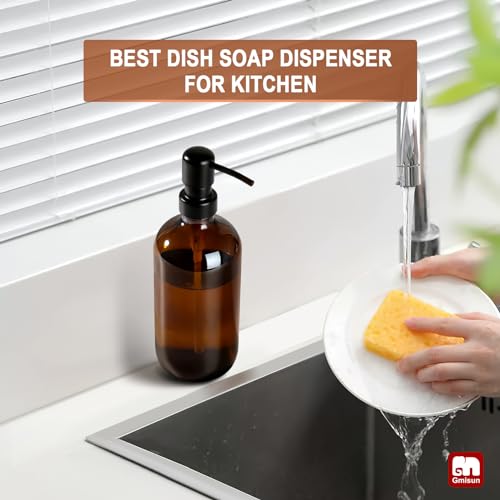 GMISUN Amber Glass Soap Dispenser, 1 Pack Dish Soap Dispensers for Kitchen with Rustproof Stainless Steel Pump, 17 Fl Oz Bathroom Hand Soap Dispenser, Brown Liquid Dishwashing Dispensers Bottle - color: Amber Bottle + Black Pump, size: 1 Pack