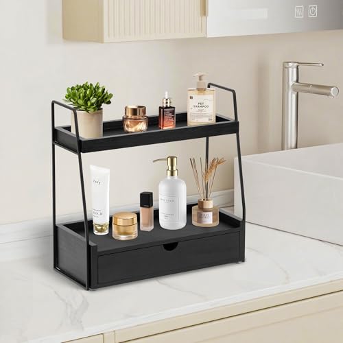 2-Tier Bathroom Organizer Countertop with Drawer, Wood Counter Organizer for Bathroom Decor, Sink Shelf for Vanity Storage, Makeup Tray for Perfume Skincare, Spice Rack Bedroom Kitchen Corner - color: Black