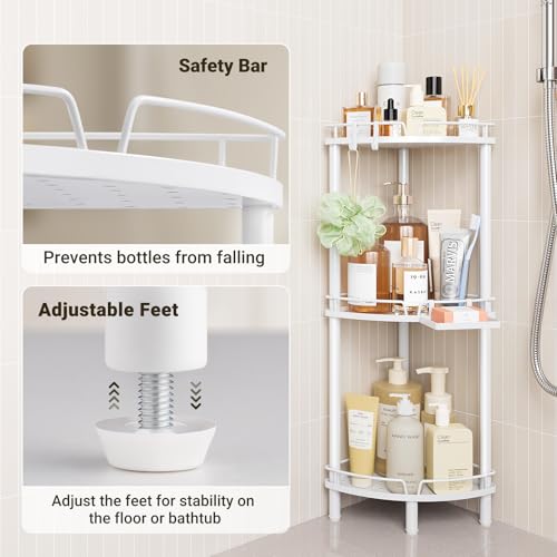 ELYKEN Corner Shower Caddy Standing, 3 Tier Rustproof Metal Shower Organizer with Soap Holder, Floor Shower Corner Shelf Rack Storage Stands with Adjustable Feet & 2 Hooks for Bathroom, White - color: White, size: 3 Tier
