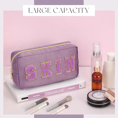 Preppy Makeup Bags Chenille Letter Stuff Bag Nylon Cosmetic Pouch Cases with Zipper for Women Travel Toiletry(Purple Set,Classic,4 Pcs) - color: Purple Set, size: Classic