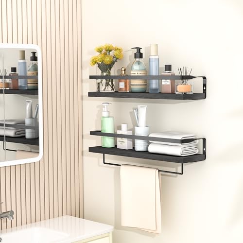 Bathroom Shelves with Towel Bar, Wood &Metal Frame, 2 Pack(Black) | Floating Shelves for Bathroom, Kitchen, Living Room, Bedroom - color: Black
