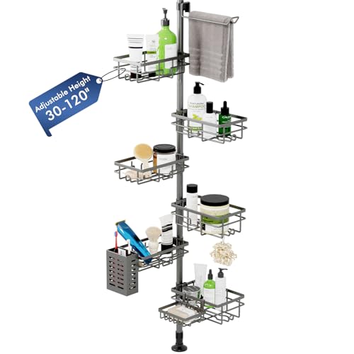 Vatex Corner Shower Caddy Tension Pole,30-120 Inch Adjustable Shower Organizer, 6-Tier Shower Shelves with Towel Rack/Toothbrush Holder/Soap Dish, Bathroom Corner Storage Rust-Resistant - color: Gray