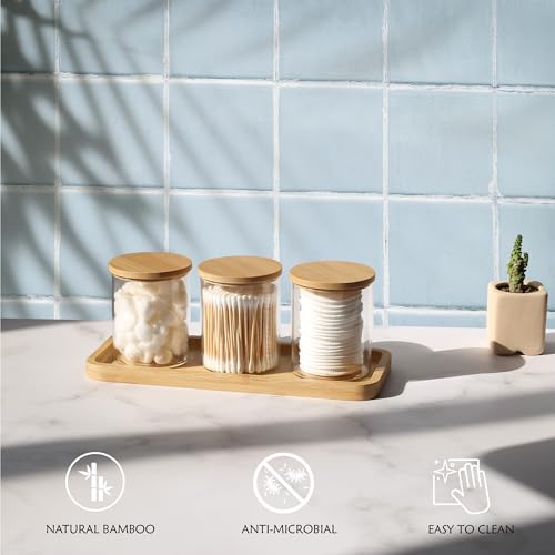 INIUNIK Qtip Holder with Vanity Tray, 3 Pack Glass Apothecary Jars with Lids, Bathroom Accessories Canisters Organizers Jars Containers for Cotton Ball Round Swab Pad Hair Ties Floss Perfume Jewelry