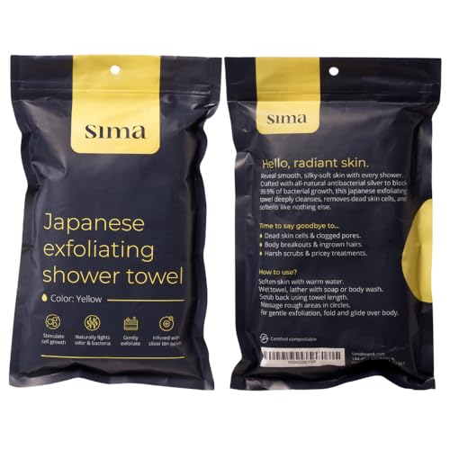Sima Brand Exfoliating Washcloth Face & Body Scrub Towel - Japanese Exfoliating Towel with Hexagon Fibers, Body Scrubber with 2 Sides for Scrubbing & Washing, Extra Long Body Towels (Yellow) - color: Yellow