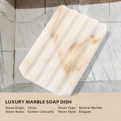 Koville 2PCS Natural Marble Soap Dishes for Shower, Golden Calacatta Marble Soap Dish, Stone Soap Tray for Bathroom, Bar Soap Holder for Sink, Stripe Grooves Saver Keep Bars Dry Easy Clean - color: Golden Calacatta