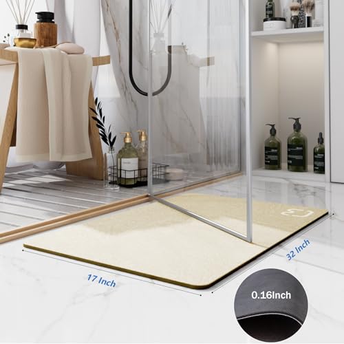 RUERYA Beige Bathroom Mat Rugs 17" x 32" Super Absorbent Quick Drying Diatomaceous Earth Bath Mats for Bathroom Non Slip Rubber Backed Thin Bathroom Rugs Floor Mat, Machine Washable - color: Beige, size: 1'5" x 2'8" (Rectangular)