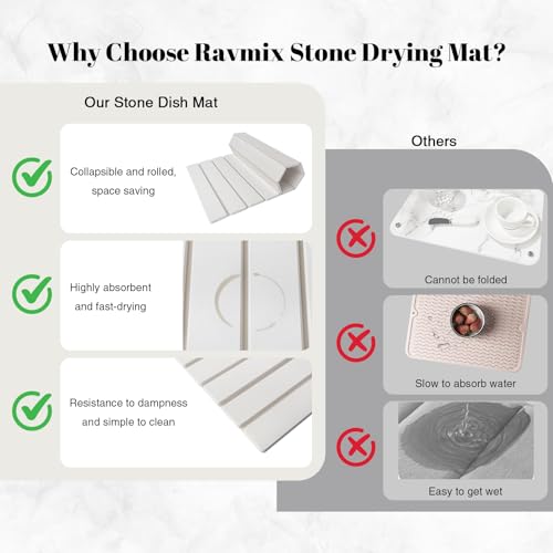 3PCS Set Large Stone Drying Mat for Kitchen Counter Foldable Collapsible Fast Drying Stone Dish Mat Water Absorbing Natural Diatomaceous Earth Bath Mat Quick Dry Stone Tray Bathroom Countertop, White - color: White