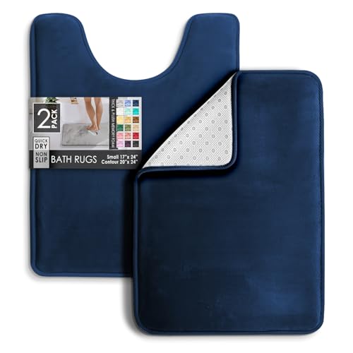 Clara Clark Bathroom Rugs, Velvet Memory Foam Bath Mat, Non-Slip Bath Rugs, Machine Wash, Dries Quickly, Ultra Soft Plush Bath Mats for Bathroom, - color: Blue, style: 17 x 24 + Contour