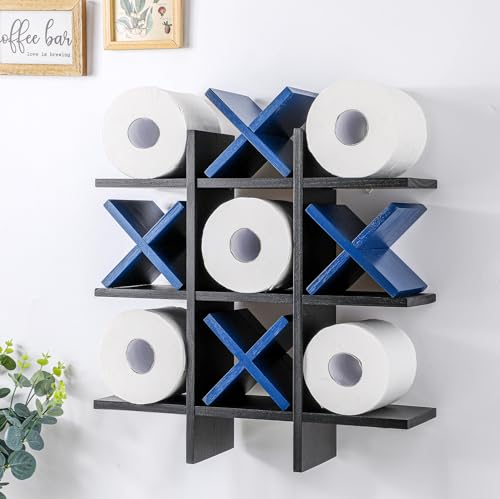 Weysat Tic Tac Toe Toilet Paper Holder Stand Bathroom Wall Decor Rustic Wooden Hanging Storage Freestanding Wall Mounted Shelves Decor for Toilet Tissue Farmhouse - color: Black, Dark Blue