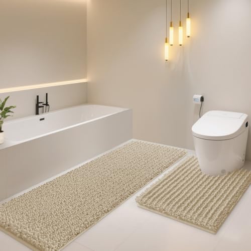 ACCUMTEK Upgrade Luxury 2 Piece Beige Toilet Bathroom Rug Mat U Shape 24"x20"+48"x20", Ultra Soft Thick Absorbent Bath Mats, Non Slip Chenille Toilet Mat for Bathroom, Bedroom, Kitchen, Shower, Tub - color: Beige, size: 48"x20" and 24"x20"