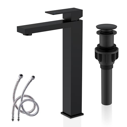KENES Matte Black Bathroom Faucet Single Handle Tall Vessel Sink Faucet Vanity Bathroom Faucet Basin Mixer Tap with Water Supply Hose and Pop Up Sink Drain, LJ-9031A-2 - color: Matte Black, size: Tall
