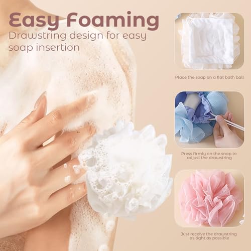 2 in 1 Loofah Sponges 3-Pack Dual-Sided Exfoliating Bath Sponges for Shower & Loofah Washcloth for Bar Soap Premium Body Scrubber with Drawstring for Gentle Skin Smoothing - Blue＆Pink＆Beige - style: Blue＆Pink＆Beige