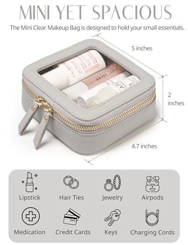Popvibe Small Cosmetic Bag for Purse Mini Makeup Bag Cute Clear Make Up Pouch for Travel Tiny Leather White Make Up Organizer Case for Backpack Toiletry Bag Waterproof Square Pouch with Zipper - color: Beige Grey, style: Mini Chic