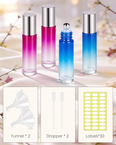 Worldgsb 25 Pack Essential Oil Roller Bottles, 10ml Refillable Glass Roller Bottles with Stainless Steel Roller Balls and Caps for Travel, Perfume and Lip Gloss Blue-Red Gradient - color: Blue-Red Gradient, style: 25 Pack