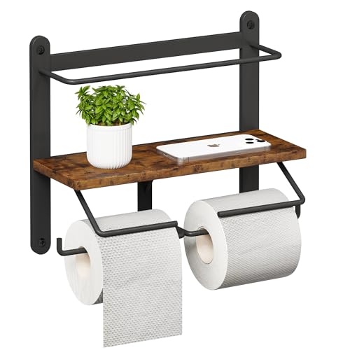 Homeiju Double Toilet Paper Holder with Shelf, Wooden Wall-Mounted Toilet Paper Roll Holder, Wall-Mounted Bathroom Organizer, Double Roll, Suitable for Bathrooms (Rustic Brown) - color: Rustic Brown