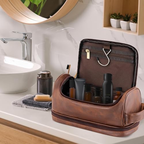 Personalized Gifts Travel Toiletry Bag for Men Him, Laser-Engraved Initial PU Leather Waterproof Shaving Bag Christmas Birthday Gift for Men Dad Husband Boyfriend Groomsmen, Reddish Brown M - color: Reddish Brown, style: M