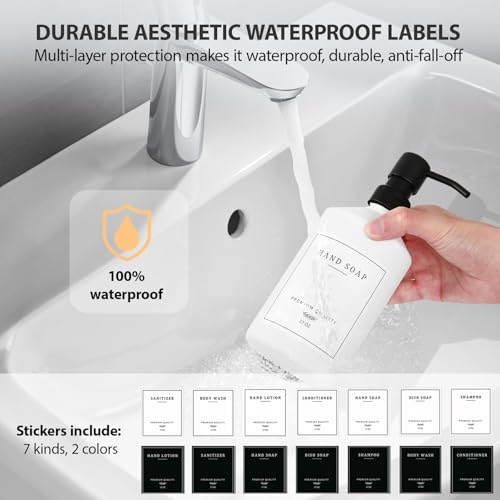 White Glass Kitchen Soap Dispenser Set, 17 OZ Hand and Dish Soap Dispenser Set with Rustproof Stainless Pump, 14 Waterproof Labels, Non-Slip Tray, Modern Bathroom Accessories(White Bottle/Black Pump) - color: White Bottle + Black Pump