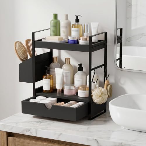 Kottwca 2-Tier Bathroom Counter Organizer with Drawer, Basket & Hooks, Wooden Vanity Shelf for Skincare, Perfume & Makeup Storage(Black) - color: Black
