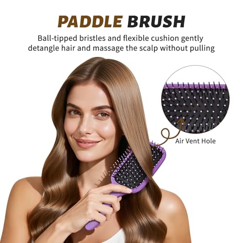 4Pcs Detangling Hair Brush Set for Women - Paddle Brush for Wet or Dry, No More Tangles for Straight, Long, Thick, Curly, and Natural Hair (Purple) - color: Purple