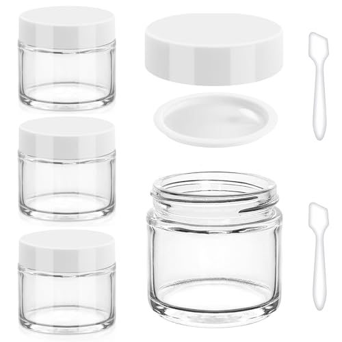 Accmor 2 OZ Glass Jars with White Lids, 4 Pack Round Glass Cosmetic Jars Sample Container with Inner Liners & Spatulas, Leak Proof Travel Toiletries Containers for Creams, Makeup, Lotion, Spice - color: White, size: 2 Ounce