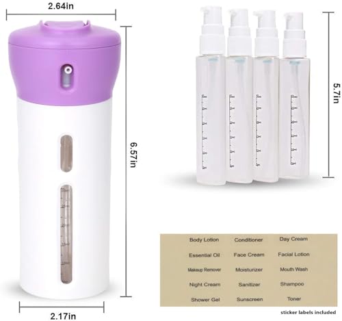 Travigo 4-in-1 Travel Dispenser Bottle, TSA Approved, Leak Proof, Four Reusable 1.4 oz. (40 mL) Toiletry Containers for Shampoo, Conditioner, Soap, Lotion, Skincare (Purple) - color: 1 Dispenser (Purple)