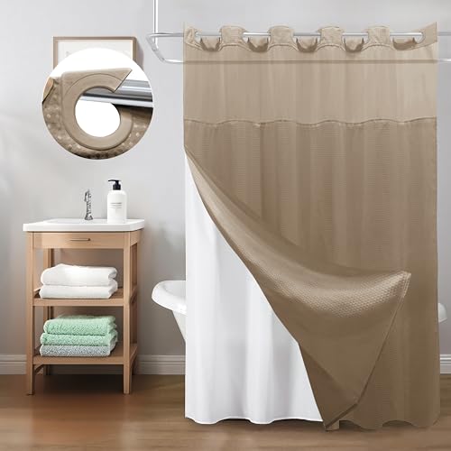 Inhousolu No Hook Shower Curtain with Snap-in Fabric Liner, Waffle Weave 230 GSM Polyester, Weighted Hem, Water Repellent Washable, Mesh Top Window 72" W x 72" L Beige - color: Beige, size: 72"W x 72"L (Pack of 1)