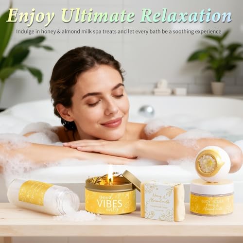Spa Gifts for Women Bath Gift Set, Honey & Almond Milk Spa Gift Baskets Home Bath Self Care Kit Care Package Thank You Birthday Mothers Day Easter Gifts for Women Mom Her Friends Sister Teen Girl Wife - color: Yellow-Honey & Almond Milk