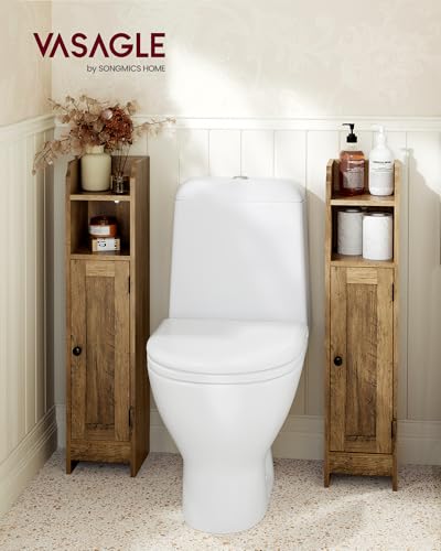 VASAGLE Small Storage Corner Floor Cabinet with Door, 7.9 x 7.1 x 31.5 Inches, Narrow Toilet Paper Storage Holder, Adjustable Shelves, for Bathroom, Living Room, Small Spaces, Honey Brown UBBK310K01 - color: Honey Brown, style: 1door+1open compartment (31