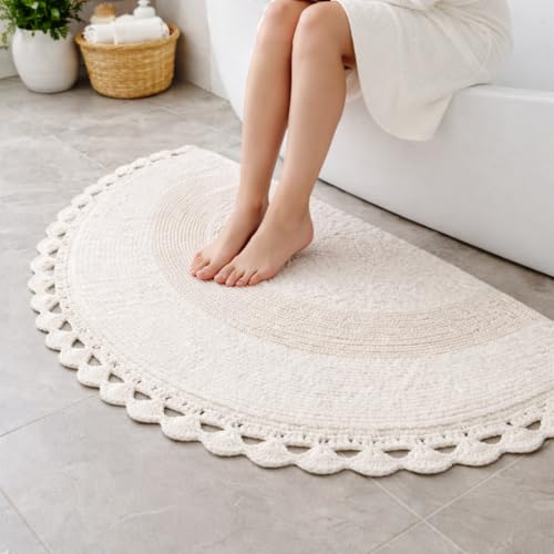Savi Home Half Moon Circle Bohemian Bathroom Rug with Handwoven Chrochet Border, Beautifully Handcrafted 100% Cotton Mat - 22x42, Half Round Bedroom Rug, Boho Bathroom Décor,Machine Washable -White - color: White, size: 1'10" x 3'6" (Semicircular)