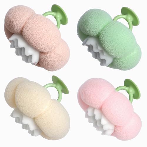 2026 Super Soft Flower-Shaped Suction Cup Bath Sponge, Upgraded 2-in-1 Flower-Shaped Ball Exfoliating Bath loofah Cleaning Brush, Mesh Shower Body Sponge Accessories for Women, Men Shower (4 Color) - style: Jasmine Cloud Powder+Fruit Green+Warm White+Cher