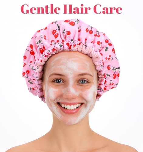 Terry Lined Shower Cap, Shower Cap with Terry Cloth Lining Large Reusable Waterproof with Elastic Band for Long Thick Hair (Pink)