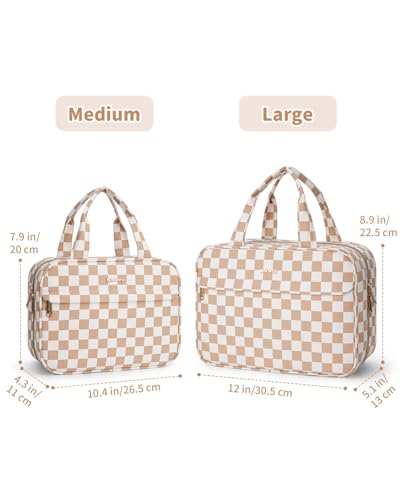 Narwey Hanging Travel Toiletry Bag for Women Checkered Makeup Bag Organizer Cosmetic Make up Toiletries Bag for Travel Essentials Accessories (Light Brown Checkerboard, Large) - color: Light Brown Checkerboard, size: Large