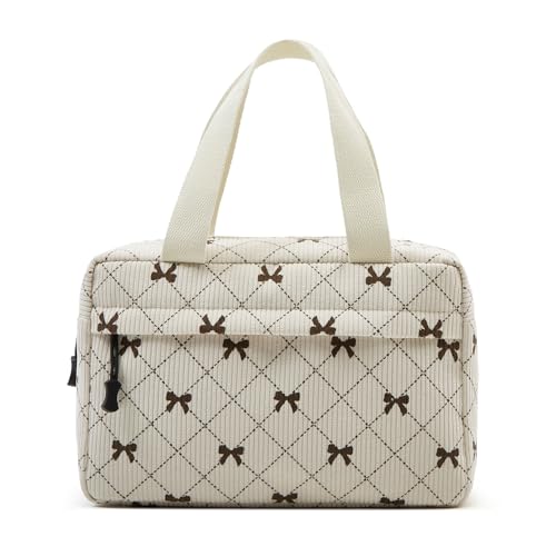 Large Makeup Bag for Women Corduroy Cosmetic bag Make up Bags Zipper Pouch with handle Cosmetic Organizer Toiletry Bag for Travel Storage - color: 26-Bowknot Beige