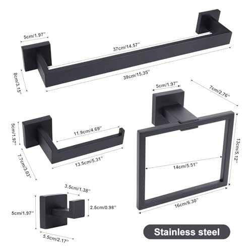 Stainless Steel Matte Black Bathroom Hardware Accessories - 5 Piece Set with 16 inch Square Towel Bar, Towel Rack & Holder - color: Matte Black