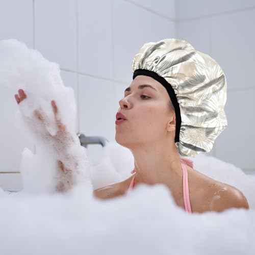 Luxury Shower Cap Terry Lined Reusable Triple Layer Waterproof Hair Elastic Caps Shower Bath Hat for Women Girls Cute Aesthetic-Golden Sunflower - color: AL2-Golden Sunflower