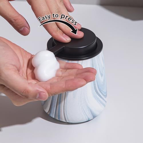 12Oz Foaming Hand Soap Dispenser - Ceramic Bathroom Foam Soap Dispenser with Easy-to-Press Black Pump, Refillable Lotion Hand Dispenser, Dish Soap Dispensers for Kitchen, Marble Blue - color: Marble Blue, style: Foam Pump