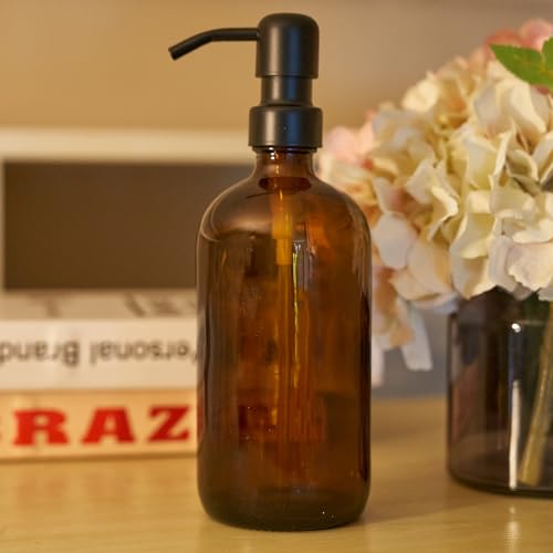 Diahom Soap Dispenser Amber Glass Hand Dish Soap Dispensers 1pcs Stainless Steel Pump 16 Oz for Kitchen Sink Countertop Bathroom