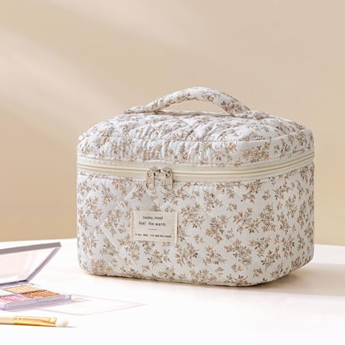 HBselect Quilted Makeup Bag, 3PCS Cotton Large Travel Makeup Bag, Cute Floral Coquette Make up Bag Cosmetic Bag Toiletry Bag for Women Girls - color: A-3PCS-Floral 23