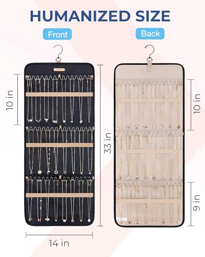 BAGSMART Hanging Necklaces Organizer Jewelry Holder Storage Roll with Hanger Metal Hooks Double-Sided Jewelry Organizer for Necklaces, Bracelets on Closet, Wall, Door, 1 piece, Large Black - color: Black, size: Dual-Sided Necklaces Holder