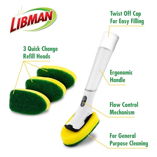 Libman Dishmatic I-Stand Dish Wand Kit, Kitchen Cleaning Scrub Brush with Handle and Soap Dispenser for Scrubbing and Washing Dishes, Refillable Standing Dispensing Scrubber Brushes, 3 Sponge Refills - style: Dish Wand Kit