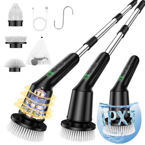 Electric Spin Scrubber for Cleaning Bathroom, Shower Scrubber with IPX7 Waterproof & 2 Speed, 3 Brush Heads, Abrasive Flat End Brushes, Bathroom Cleaning Supplies for Toilet Shower Tub Sooty - color: Sooty, size: 3 Brush Heads