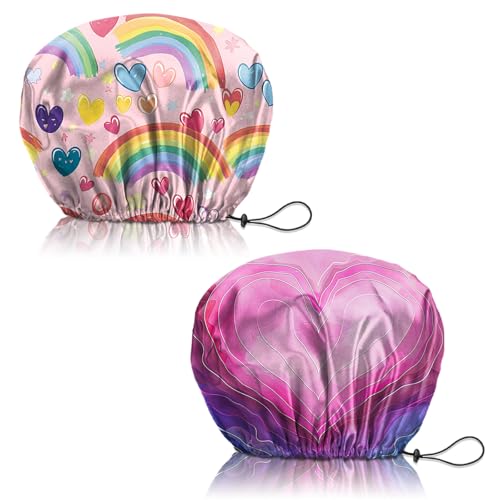 2 PCS Shower Cap Reusable Waterproof Adjustable Double Layer Elastic Dry Hair Bathing Caps Aesthetic Cute for Women Girls-Rainbow Heart - color: H-5-Rainbow Heart