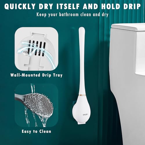 Modern Flexible Silicone Toilet Caspa, Silicone Toilet Bowl Brush and Holder Set, Flat Flexible Brush Holder Set, Water Drop Toilet Brush, Toilet Wand Cleaning Kit Wall Mounted, White