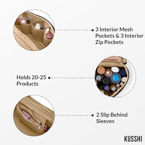 KUSSHI Neoprene Train Case Makeup Bag - Washable Makeup Travel Bag & Vanity Case for Stress Free Travel (Large, Navy/Khaki) - color: Navy/Khaki, size: Large