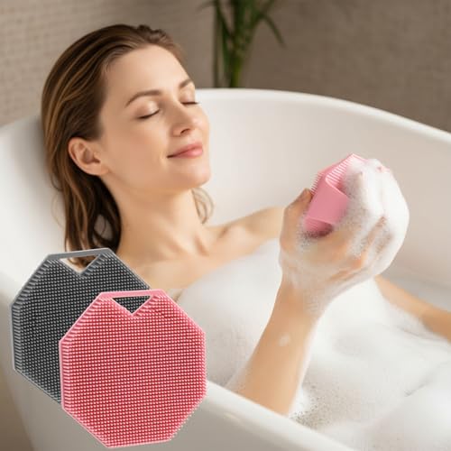 Ouligay 2 Pack Silicone Body Scrubber Exfoliator Shower Scrubber for Sensitive Skin Cleaning Silicone Loofah with Ergonomic Anti Slippery Handle Travel Friendly for Men & Women